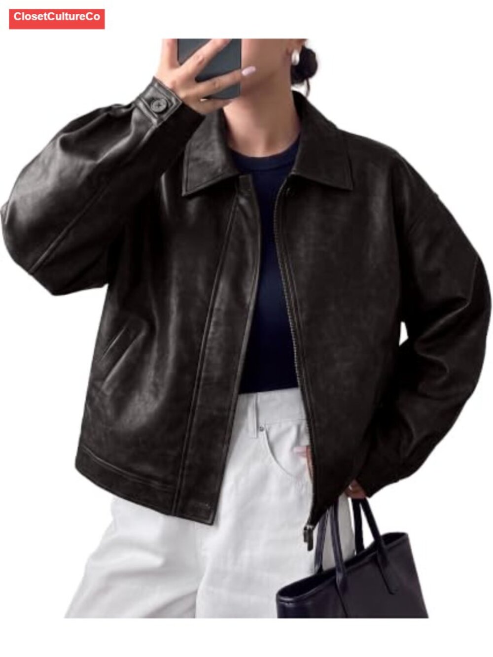 Faux Leather Oversized Motorcycle Jacket Zip Up Fall Outerwear